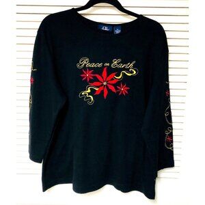 Christmas Peace On Earth T-Shirt Women's XL Embroidered CB Studio Mom Grandma
